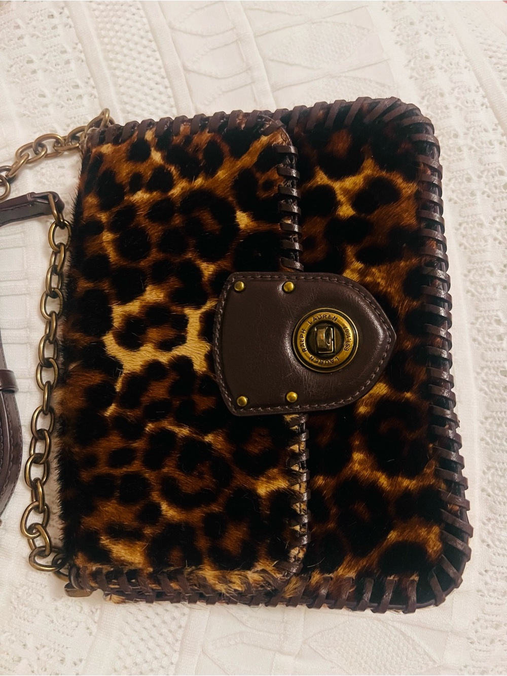 Lauren Ralph Lauren Leopard Print Fur Crossbody with Brown Trim